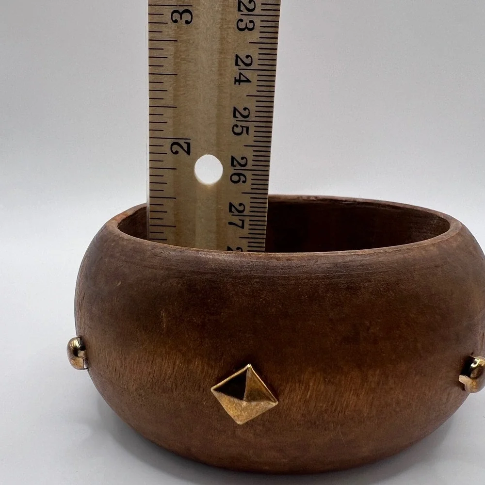 Vintage Chunky Wood Bangle Bracelet Gold Studded Pyramid Dome Brown Boho